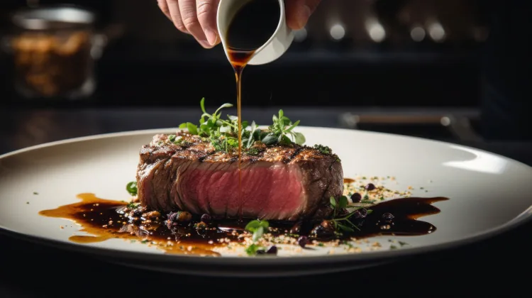 Perfekt angerichtetes Steak mit Rinderjus auf einem Teller.