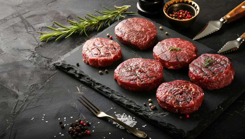 Rohe dry-aged Hamburger-Patties mit Gewürzen auf rustikalem Holzbrett.
