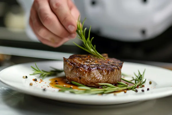 Mann dekoriert ein Steak vor dem Verzehr