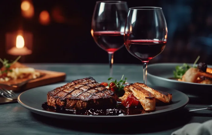 Rotwein, serviert zu einem Steak Gericht