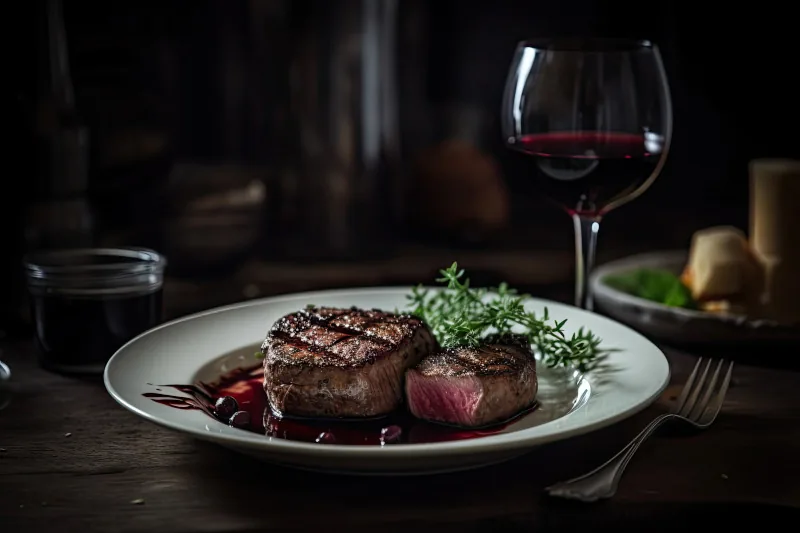 Steak auf einem Teller mit einem Glas Rotwein im Hintergrund