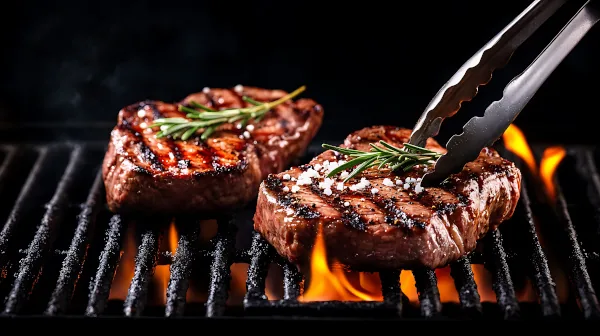 Zwei Beefsteaks auf dem Grill, daneben eine Grillzange über dem Rost