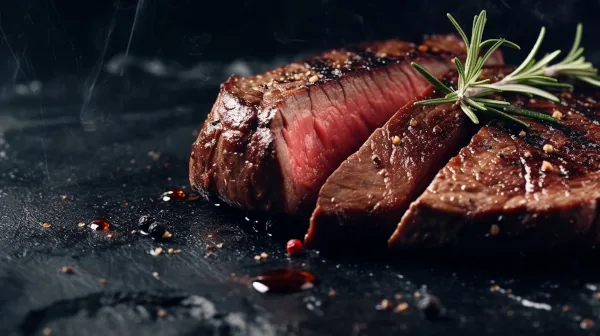 In drei Teile geschnittenes medium rare Steak auf schwarzer Platte